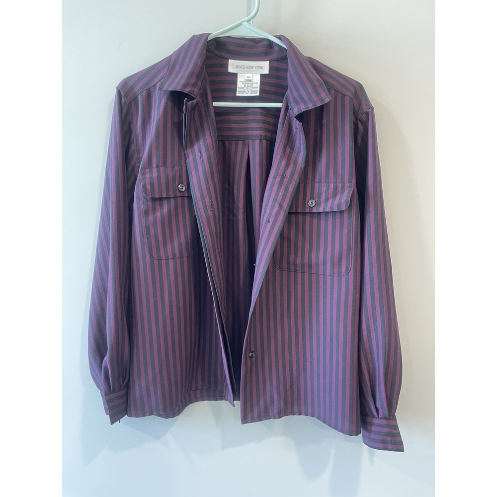 JONES NEW YORK Women's Size 12 Purple & Black Striped Button Down Blouse